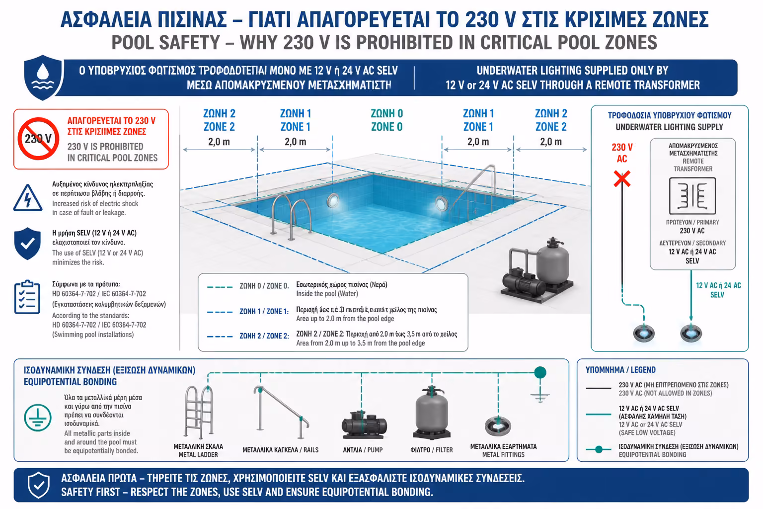 Ασφαλής ηλεκτρολογικός σχεδιασμός πισίνας με SELV και γείωση