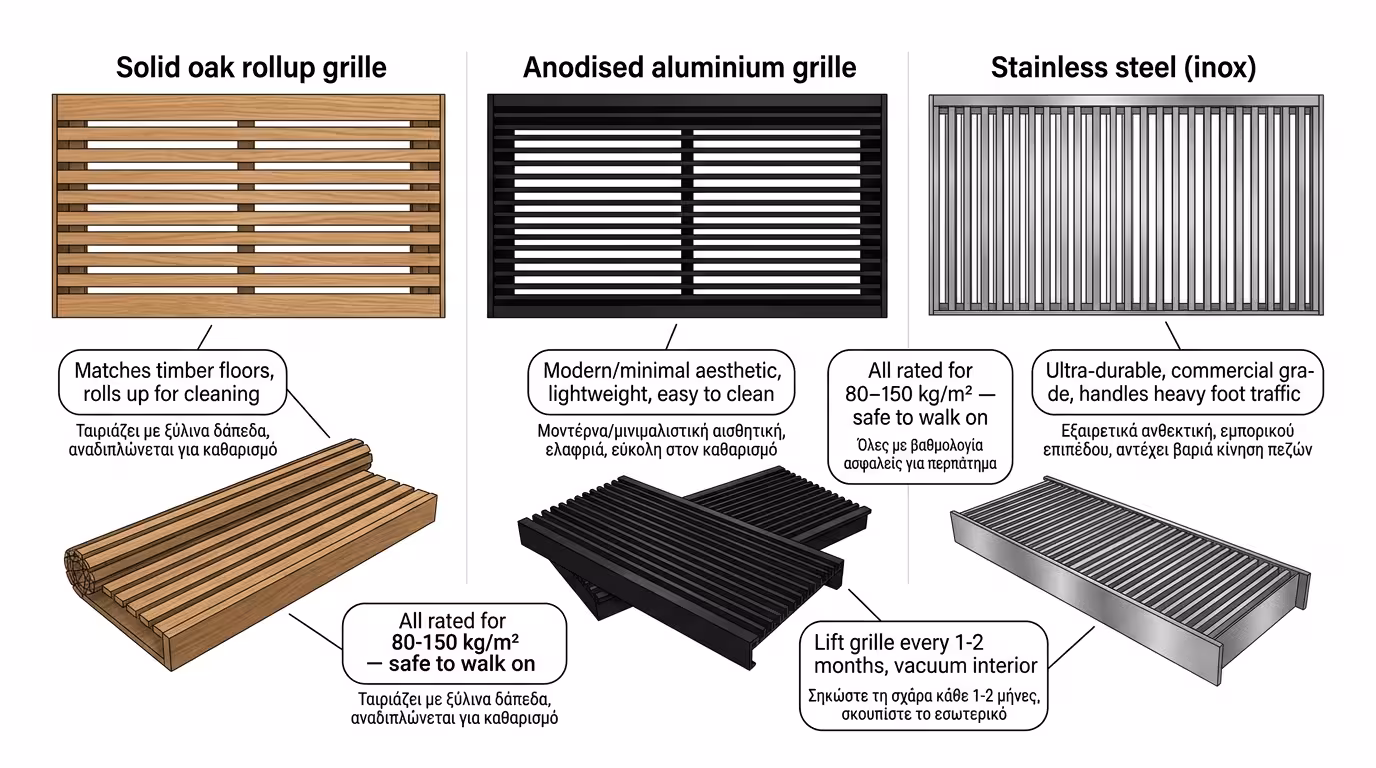 Σχάρες καναλιών δαπέδου: ξύλινη, αλουμινίου και ανοξείδωτη - πατήματα ασφαλή