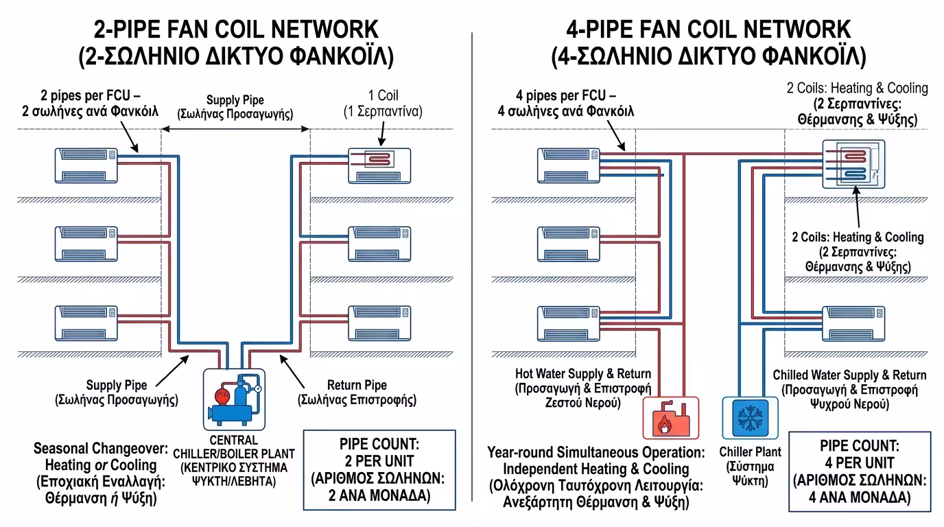 Σχεδιάγραμμα σύγκρισης 2-σωλήνιου και 4-σωλήνιου δικτύου Fan Coils