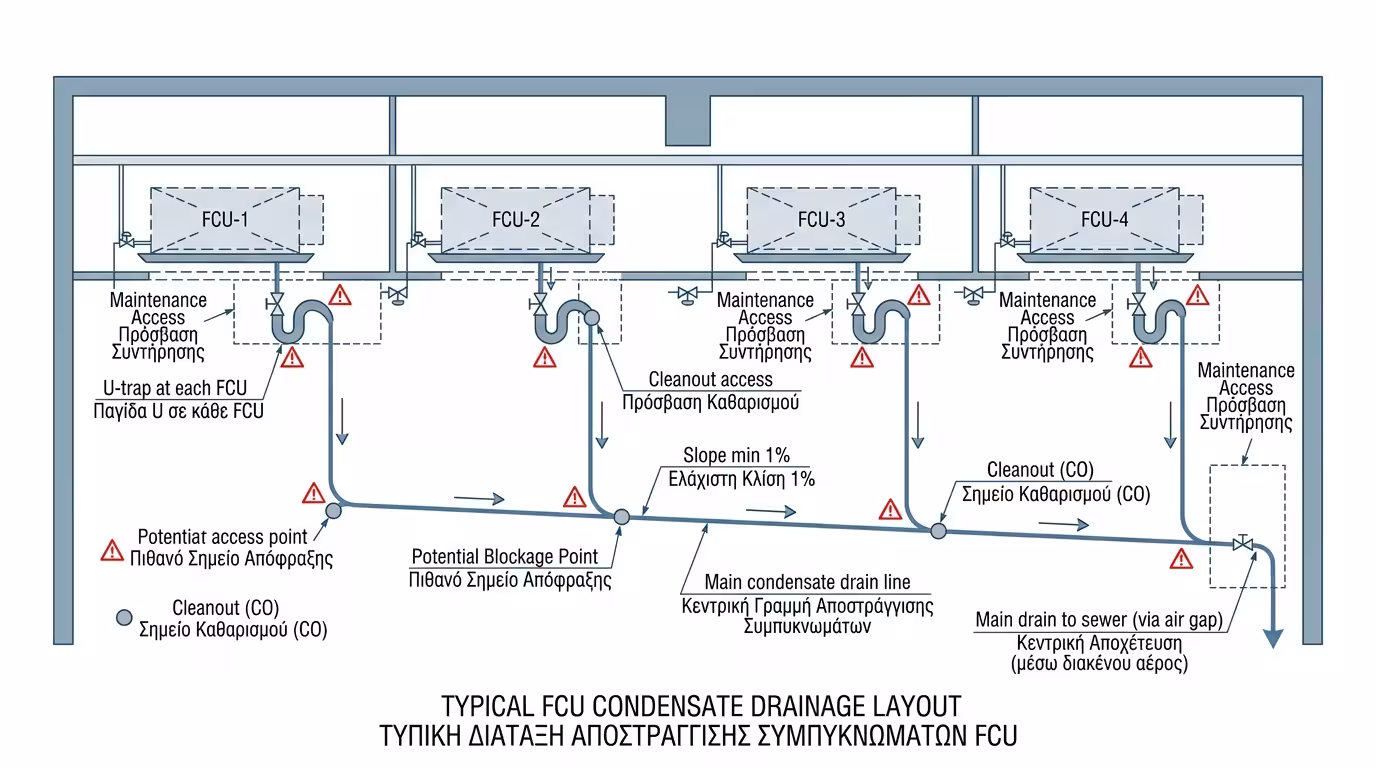 Σχέδιο αποχέτευσης Fan Coils - σιφώνι, κλίση, αντλία συμπυκνωμάτων, αποφυγή αποφράξεων