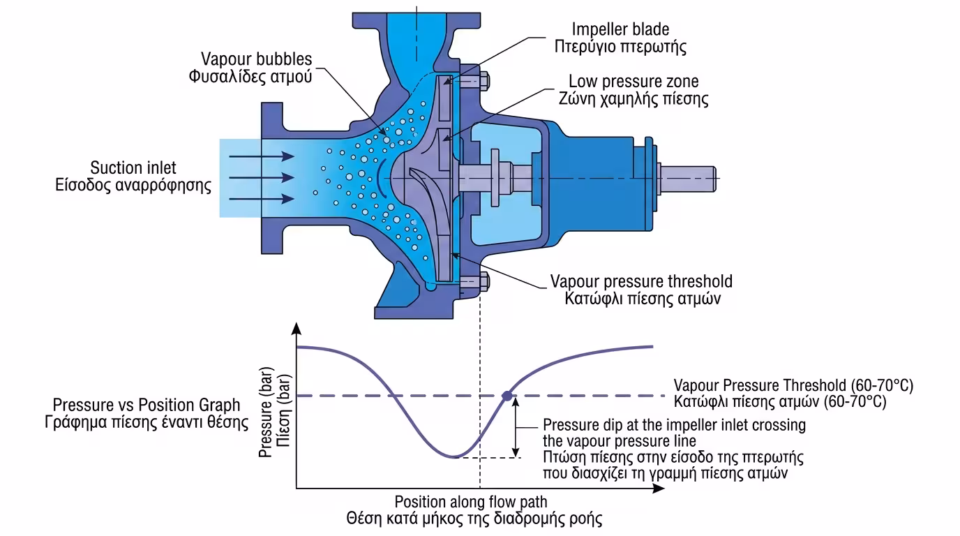 Σχηματισμός φυσαλίδων ατμού στη χαμηλή πίεση της εισόδου αντλίας