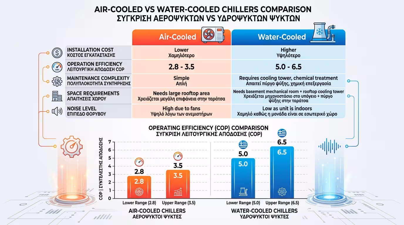 Σύγκριση αερόψυκτου vs υδρόψυκτου ψύκτη - κόστος εγκατάστασης, ενεργειακή απόδοση, διάρκεια ζωής