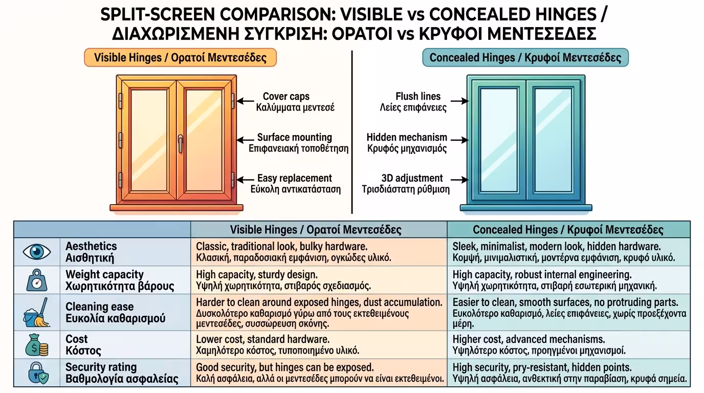Σύγκριση εμφανών και κρυφών μεντεσέδων - αισθητική, κόστος, αντοχή