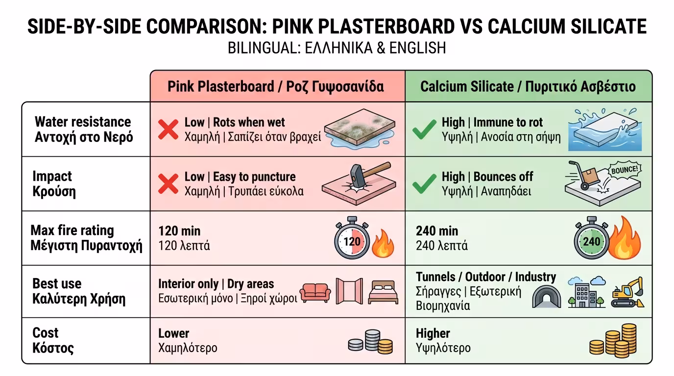 Σύγκριση: γυψοσανίδα vs πυριτικό ασβέστιο - νερό, κρούση, πυραντίσταση