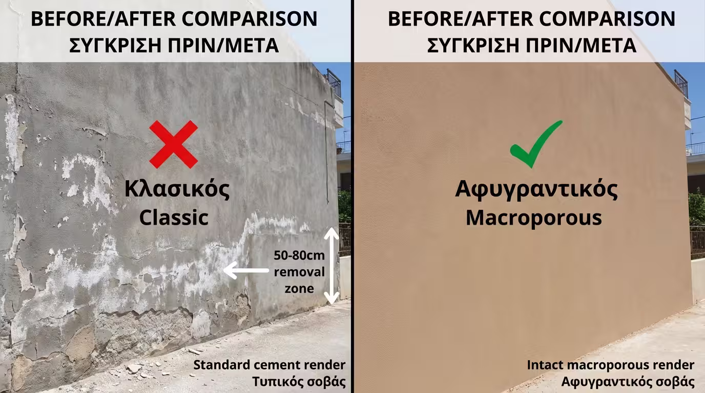 Πίνακας σύγκρισης: κλασικός σοβάς vs αφυγραντικός macroporous