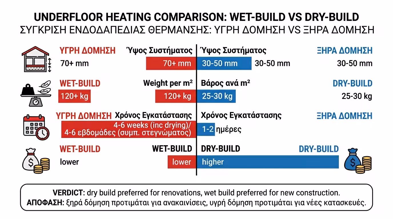 Σύγκριση κόστους ξηρής vs υγρής ενδοδαπέδιας θέρμανσης - πάχος, χρόνος, κόστος ανά τ.μ.