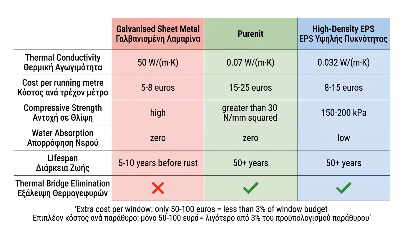 Σύγκριση κόστους γαλβανιζέ λαμαρίνας, Purenit και EPS για ψευτόκασες