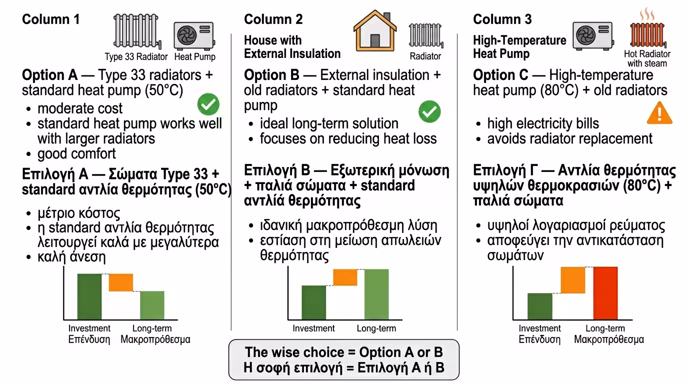 Σύγκριση λέβητα πετρελαίου vs Αντλίας Θερμότητας - μέγεθος καλοριφέρ, θερμοκρασία νερού