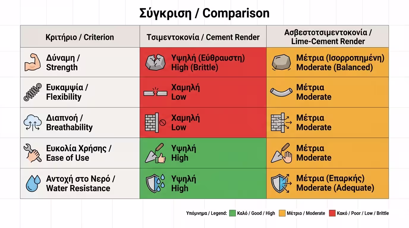 Συγκριτικός πίνακας τσιμεντοκονίας vs ασβεστοτσιμεντοκονίας
