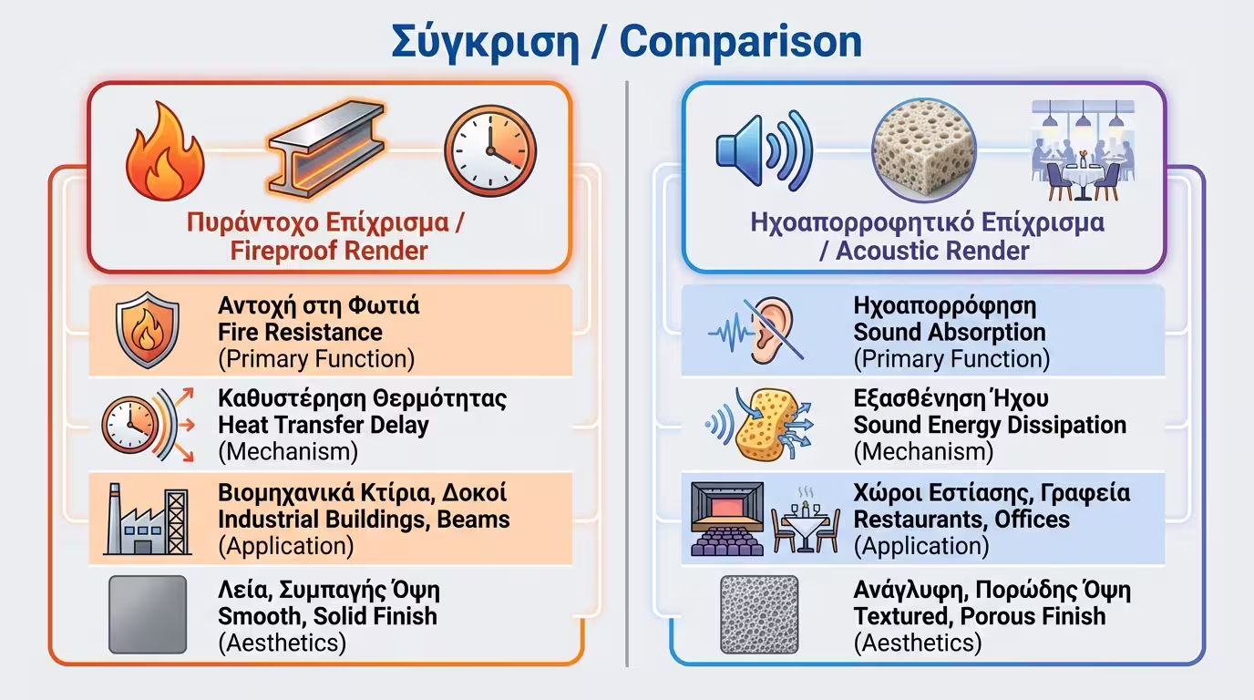 Πίνακας σύγκρισης πυράντοχων vs ηχοαπορροφητικών σοβάδων