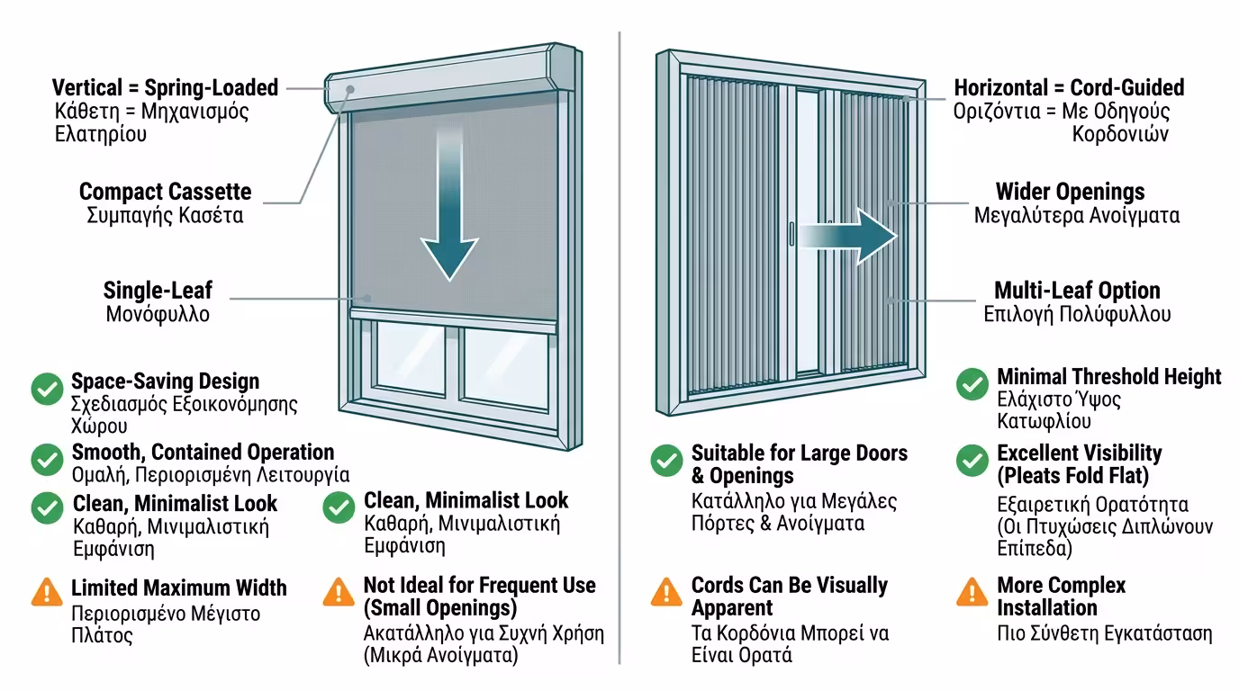 Πίνακας σύγκρισης σίτας πλισέ και σίτας ρολό ελατηρίου