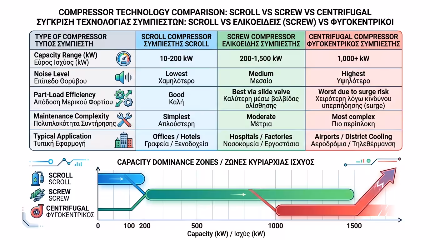 Σύγκριση Scroll, Screw, Φυγοκεντρικού συμπιεστή - μέγεθος kW, εφαρμογή