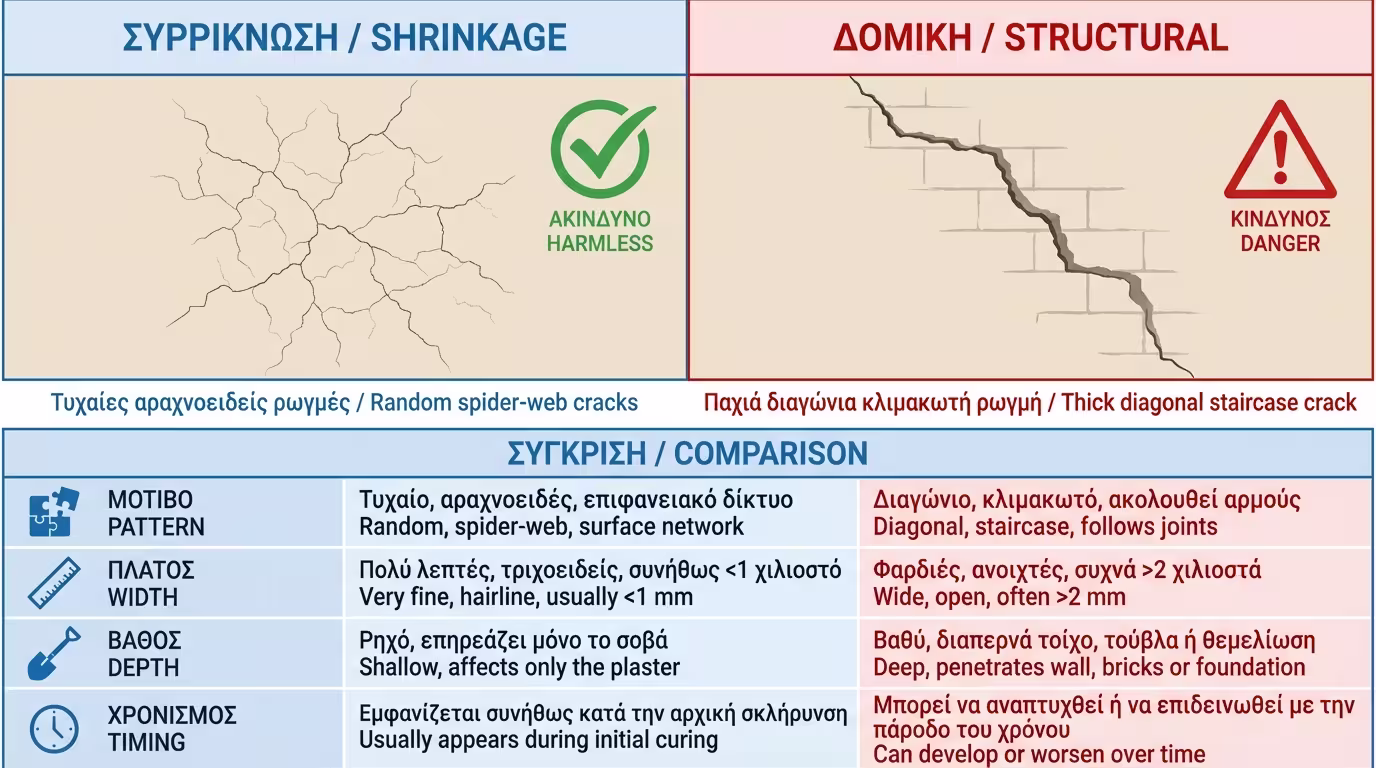 Σύγκριση: αριστερά συρρίκνωση (πράσινο, ακίνδυνη) vs δομική (κόκκινο, επικίνδυνη) με πίνακα 4 χαρακτηριστικών