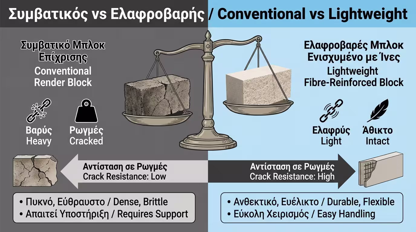 Συγκριτικός πίνακας: συμβατικός vs ελαφροβαρής/ινοπλισμένος σοβάς