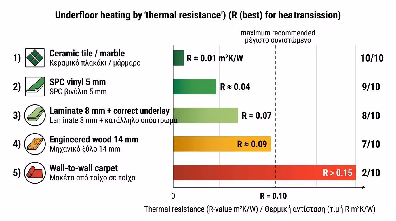 Συγκριτικός πίνακας δαπέδων για ενδοδαπέδια θέρμανση - πλακάκι, μάρμαρο, ξύλο, laminate, μοκέτα