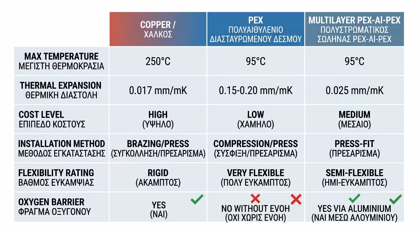 Συγκριτικός πίνακας σωληνώσεων - Χαλκός vs PEX vs Πολυστρωματική, κόστος, αντοχή, εγκατάσταση