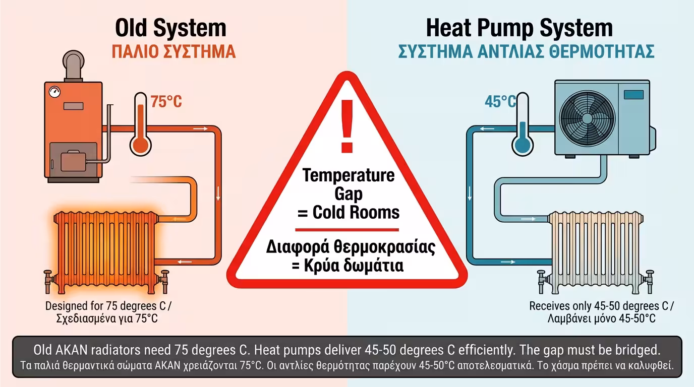 Σύγκρουση θερμοκρασιών – λέβητας 75°C vs αντλία θερμότητας 50°C, καλοριφέρ