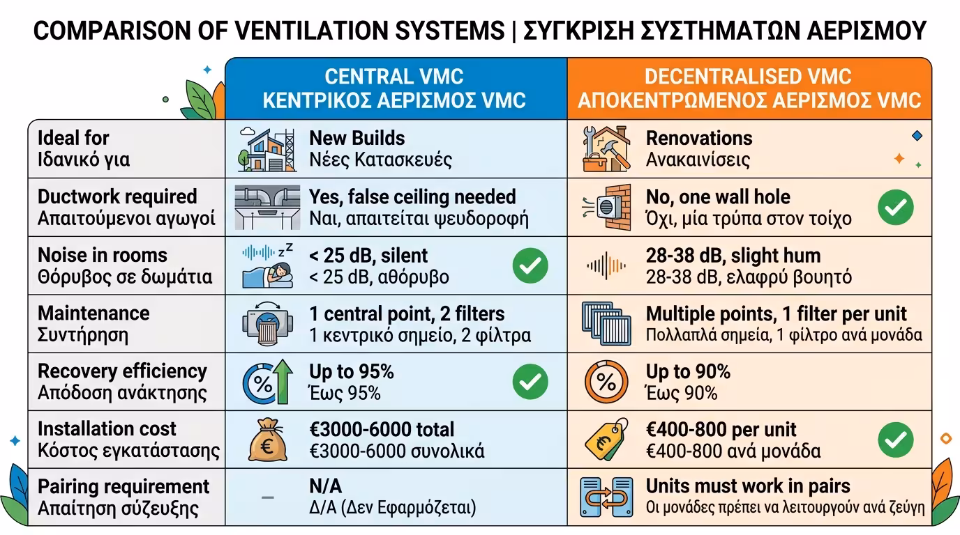 Σύγκριση κεντρικού vs τοπικού VMC - κόστος, θόρυβος, απόδοση, εγκατάσταση