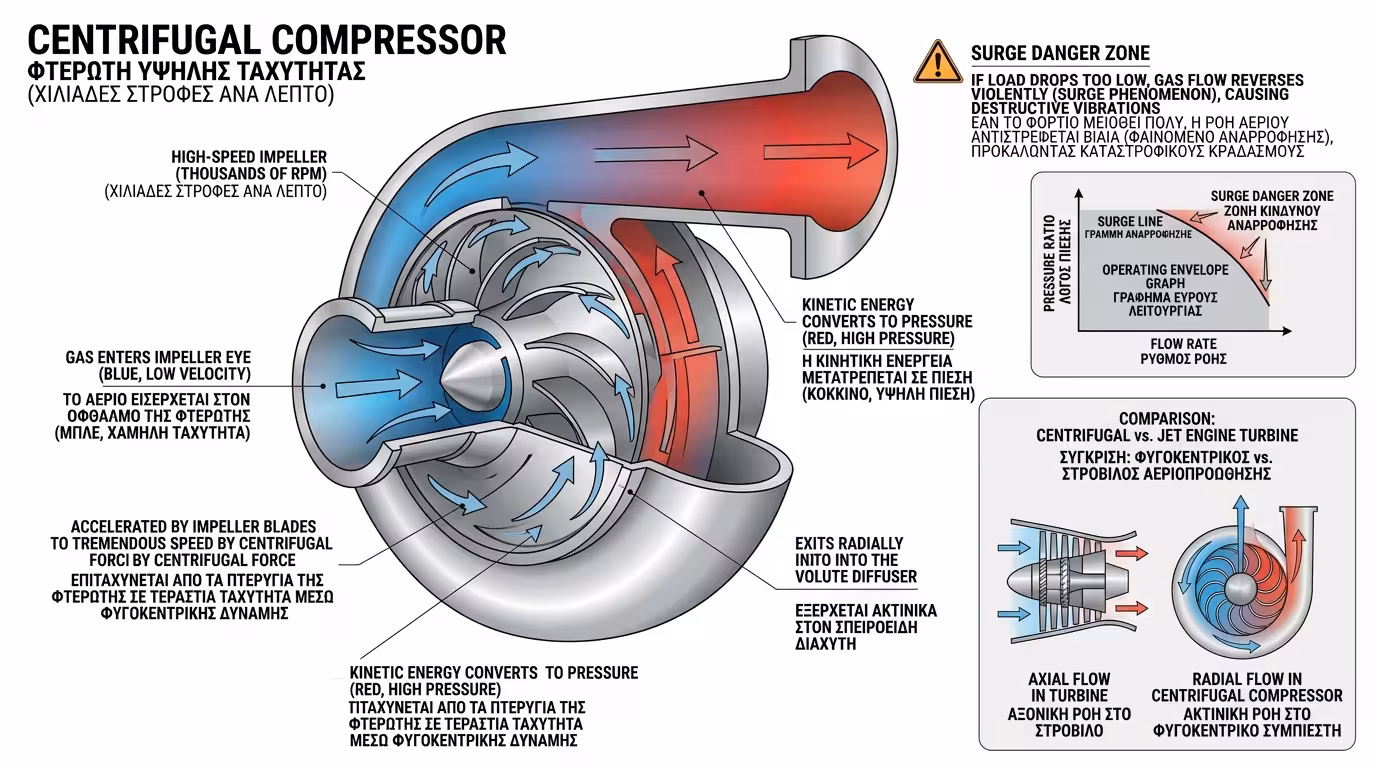 Φυγοκεντρικός συμπιεστής - φτερωτή impeller υψηλών στροφών σαν τζετ αεροπλάνου