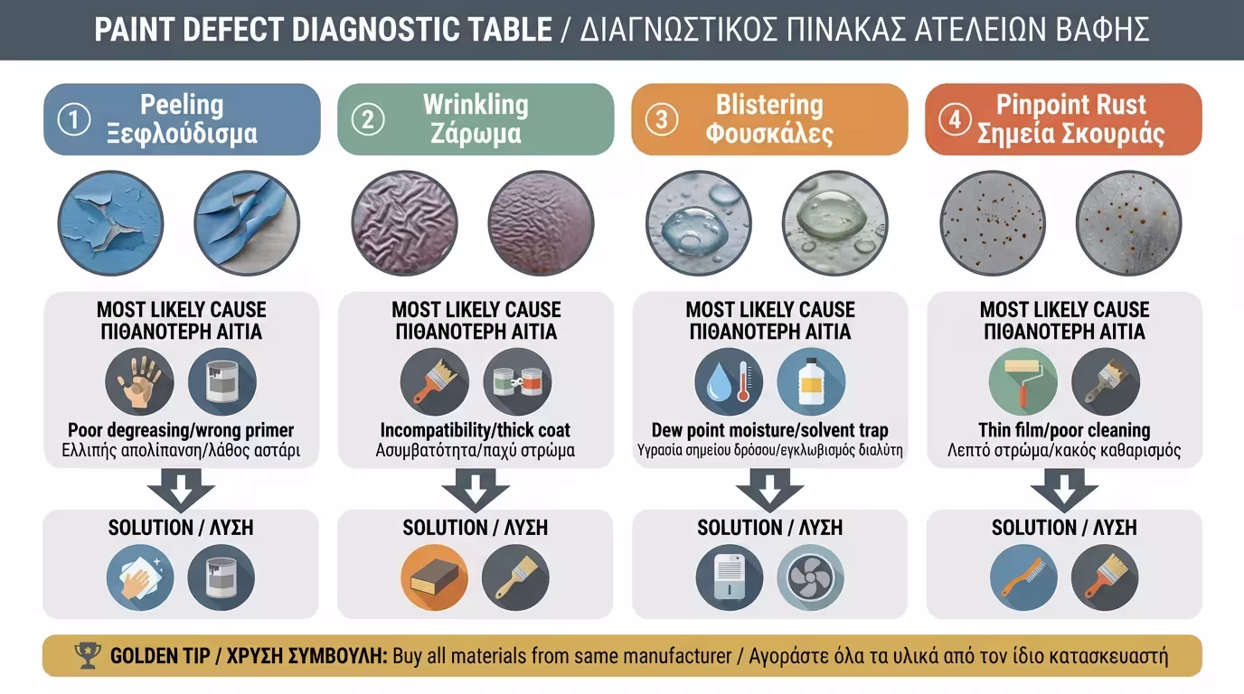 Ινφογκράφικ: 4 συμπτώματα - Peeling, Wrinkling, Blistering, Pinpoint Rust - αιτίες & λύσεις.