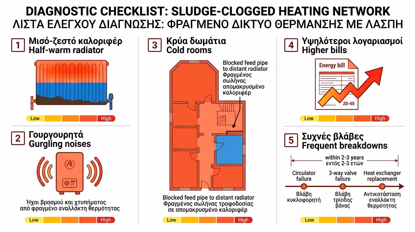 Συμπτώματα βουλωμένου δικτύου – μισοζεστό καλοριφέρ, θόρυβος, κρύα δωμάτια