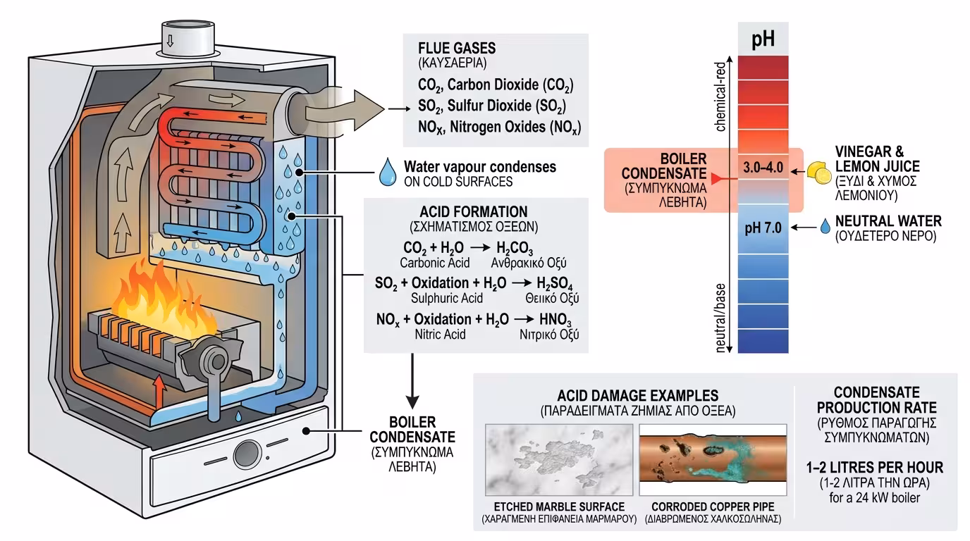 Συμπυκνώματα: όξινο νερό pH 3.0 - καταστροφή μαρμάρων