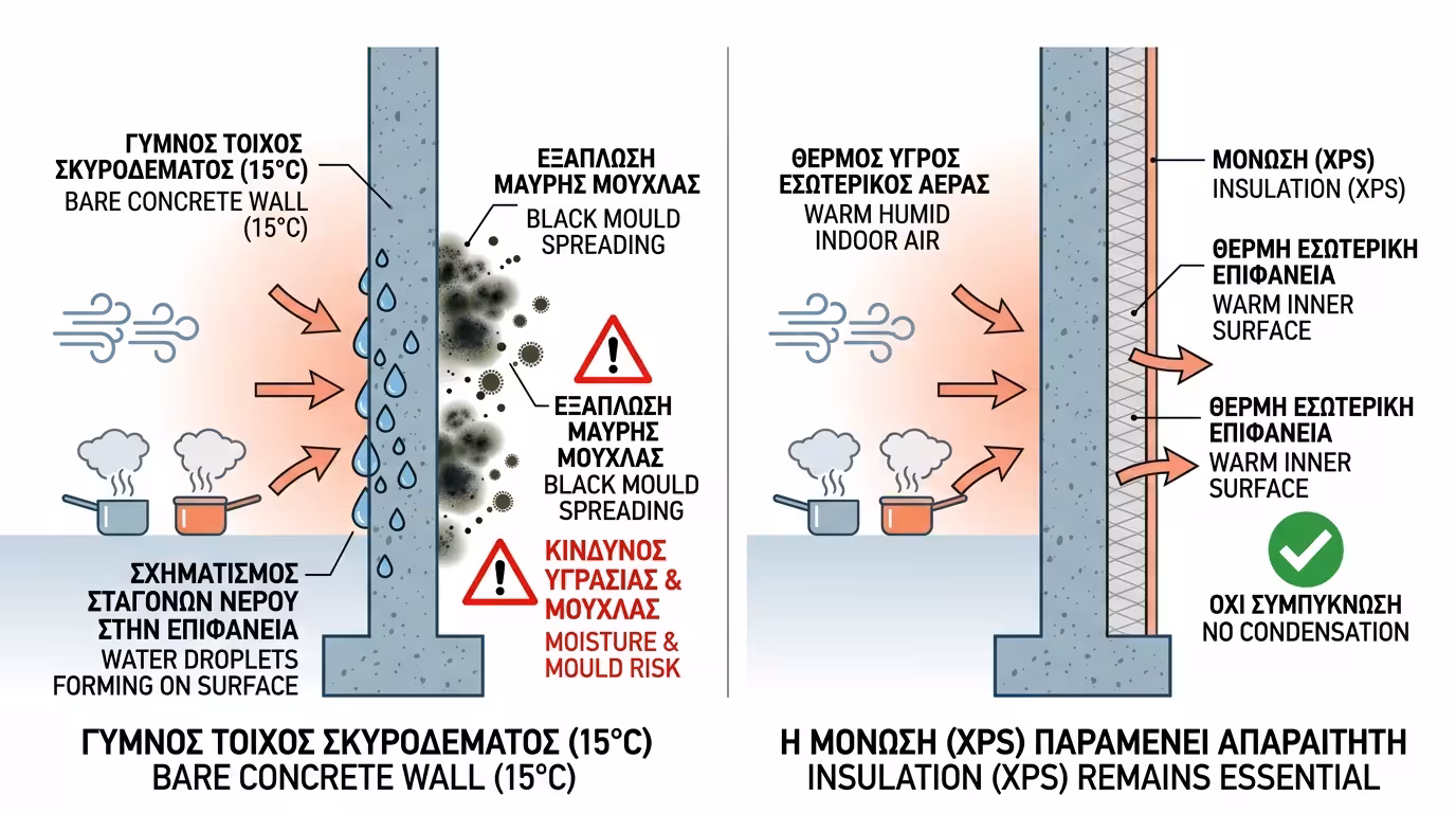 Γυμνός κρύος τοίχος 15°C + ζεστός αέρας = συμπύκνωση και μούχλα