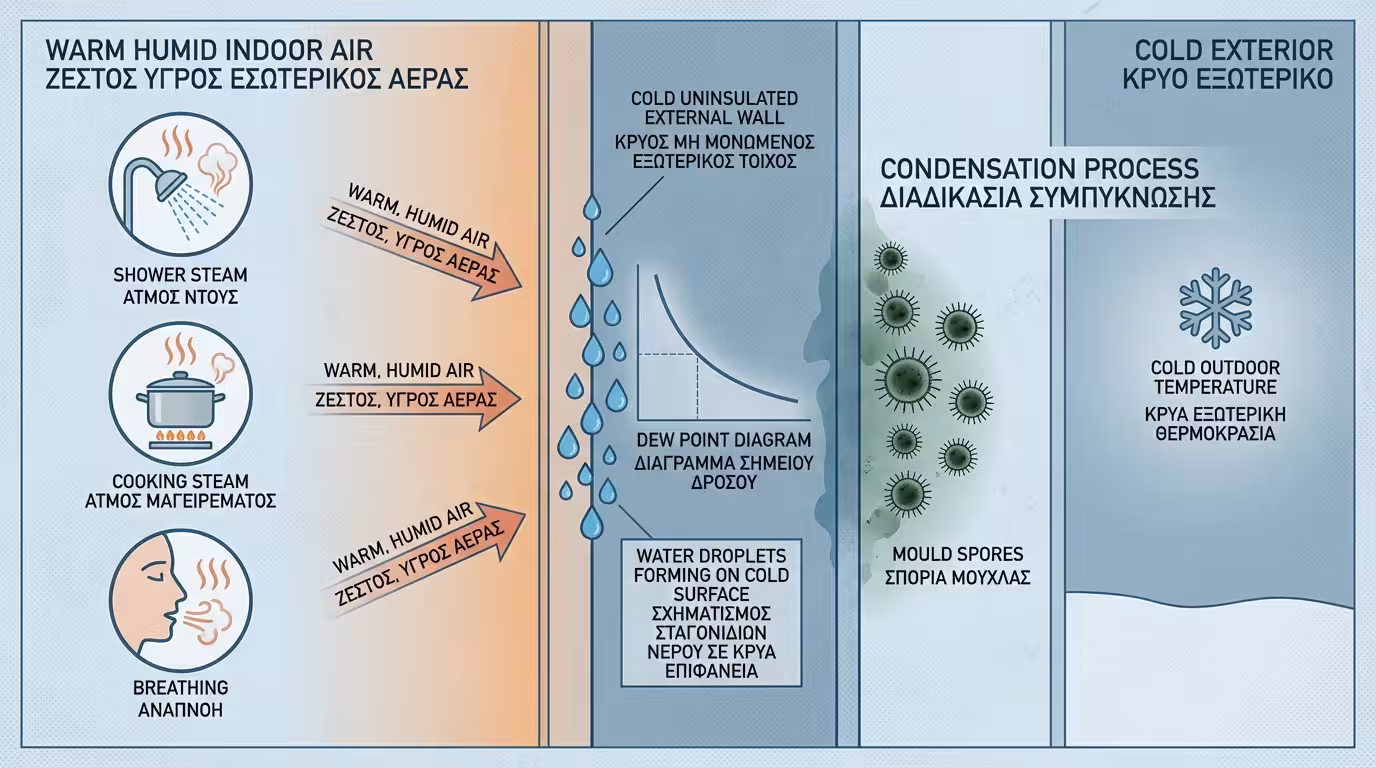 Ζεστός αέρας → παγωμένος τοίχος → δρόσος → μούχλα