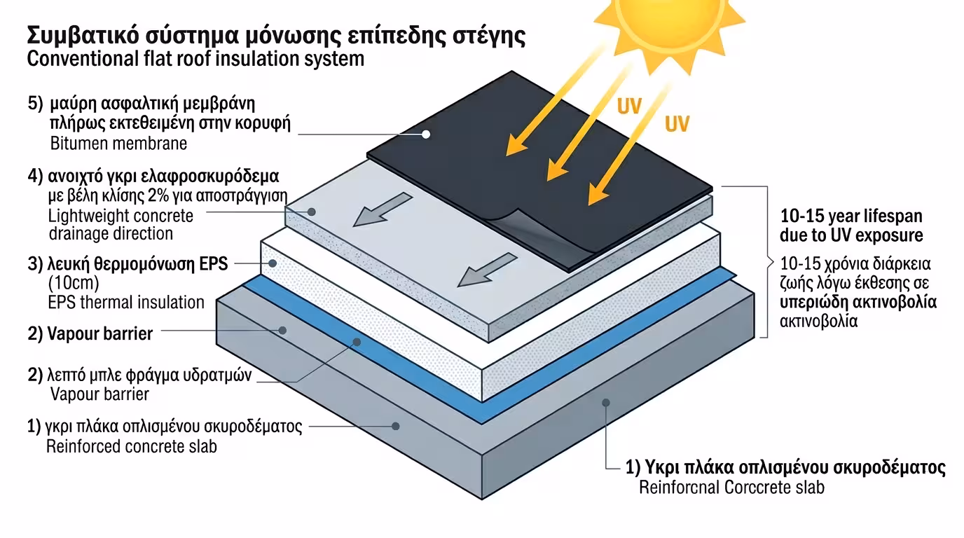 Συμβατική μόνωση ταράτσας - σειρά στρώσεων από κάτω προς πάνω