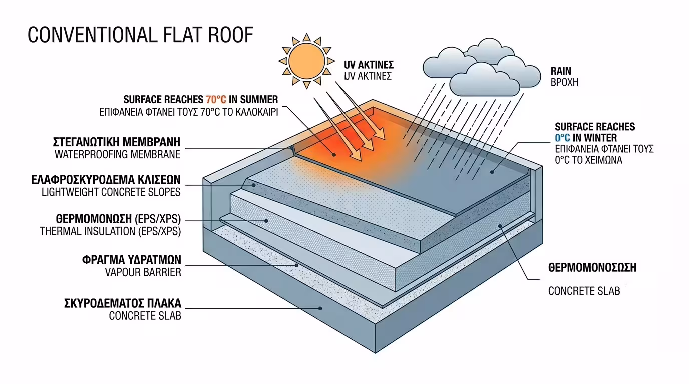 Τομή συμβατικού δώματος - στρώσεις από κάτω προς τα πάνω