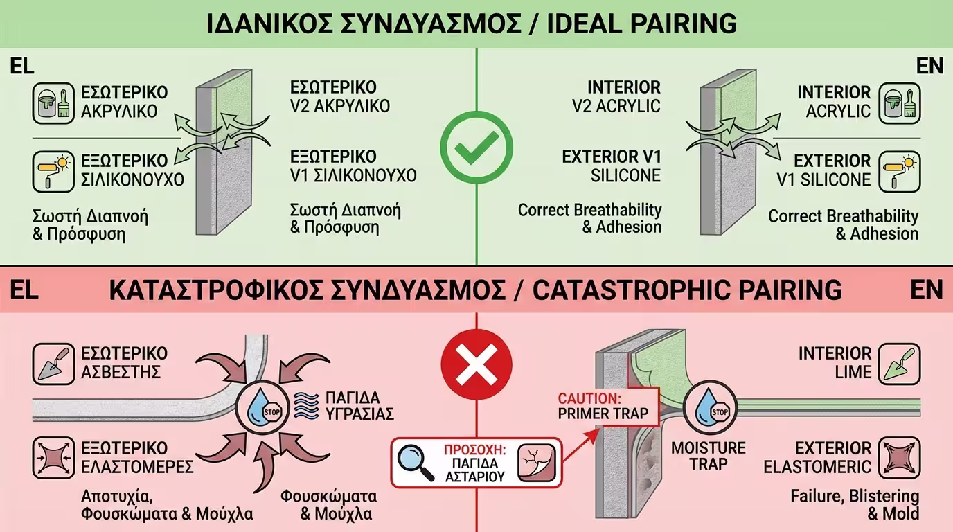 Ινφογκράφικ σωστών και λανθασμένων συνδυασμών εσωτερικής-εξωτερικής βαφής - ιδανικός vs καταστροφικός