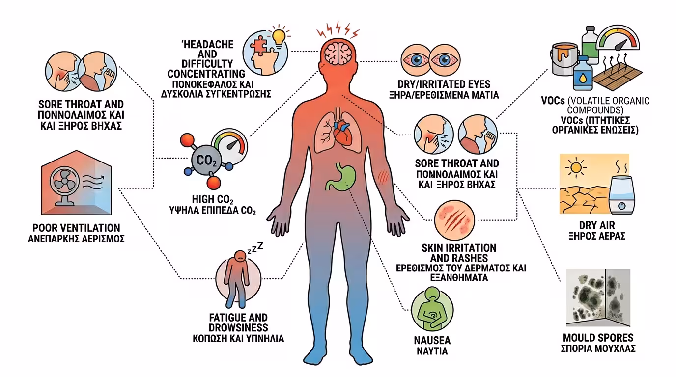 Σύνδρομο Άρρωστου Κτιρίου - πονοκέφαλος, κούραση, τσούξιμο ματιών σε κλειστό δωμάτιο