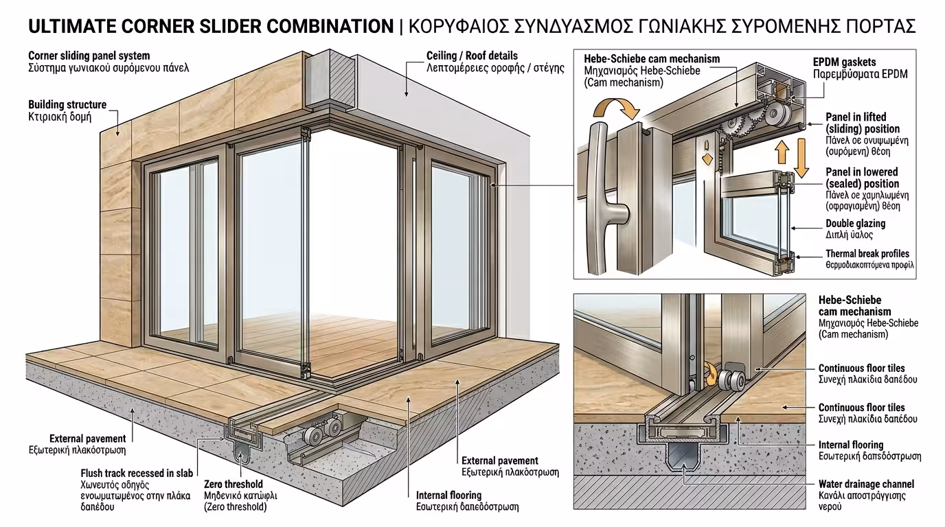 Γωνιακό συρόμενο με Hebe-Schiebe και χωνευτό flush track δαπέδου