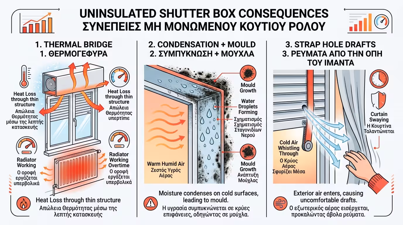Αμόνωτο κουτί ρολού - θερμογέφυρα, μούχλα, ιμάντας