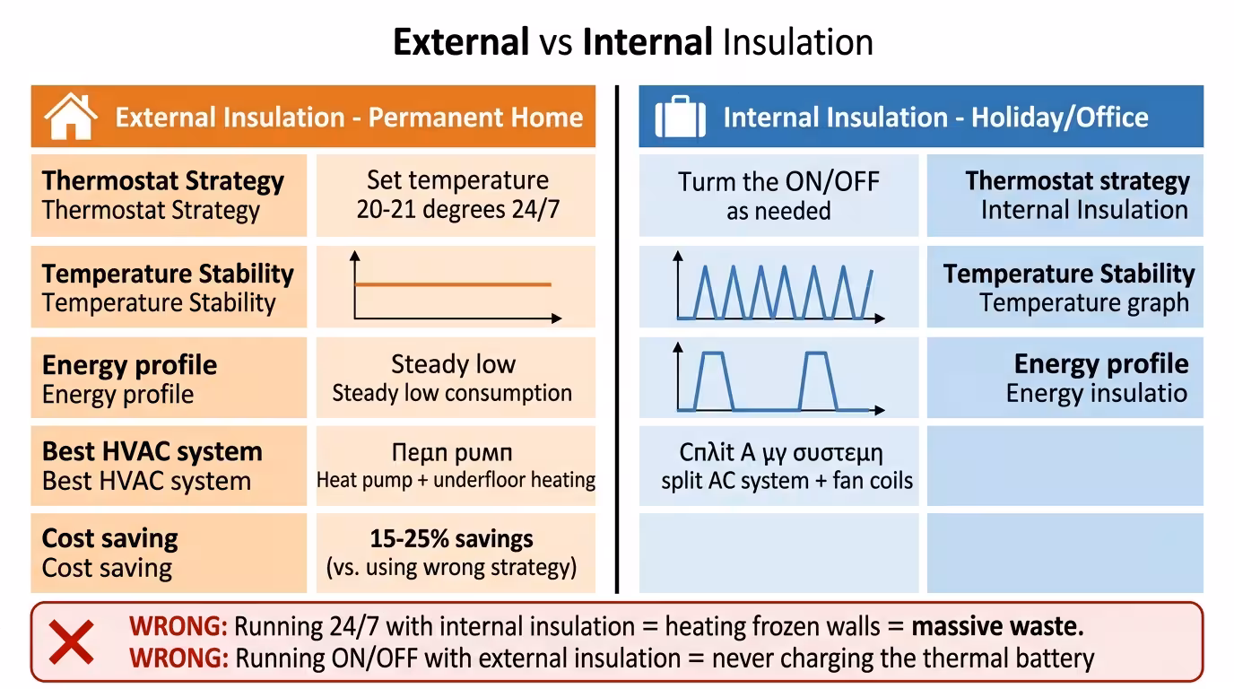 Σύγκριση 24/7 vs διακεκομμένη - θερμοστάτης μόνιμη vs εξοχικό