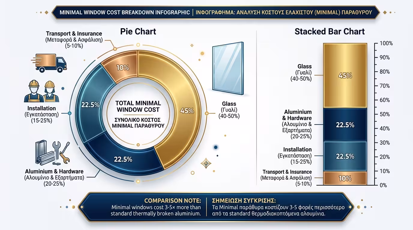 Ανατομία κόστους minimal κουφώματος - υαλοπίνακες, αλουμίνιο, hardware, εγκατάσταση