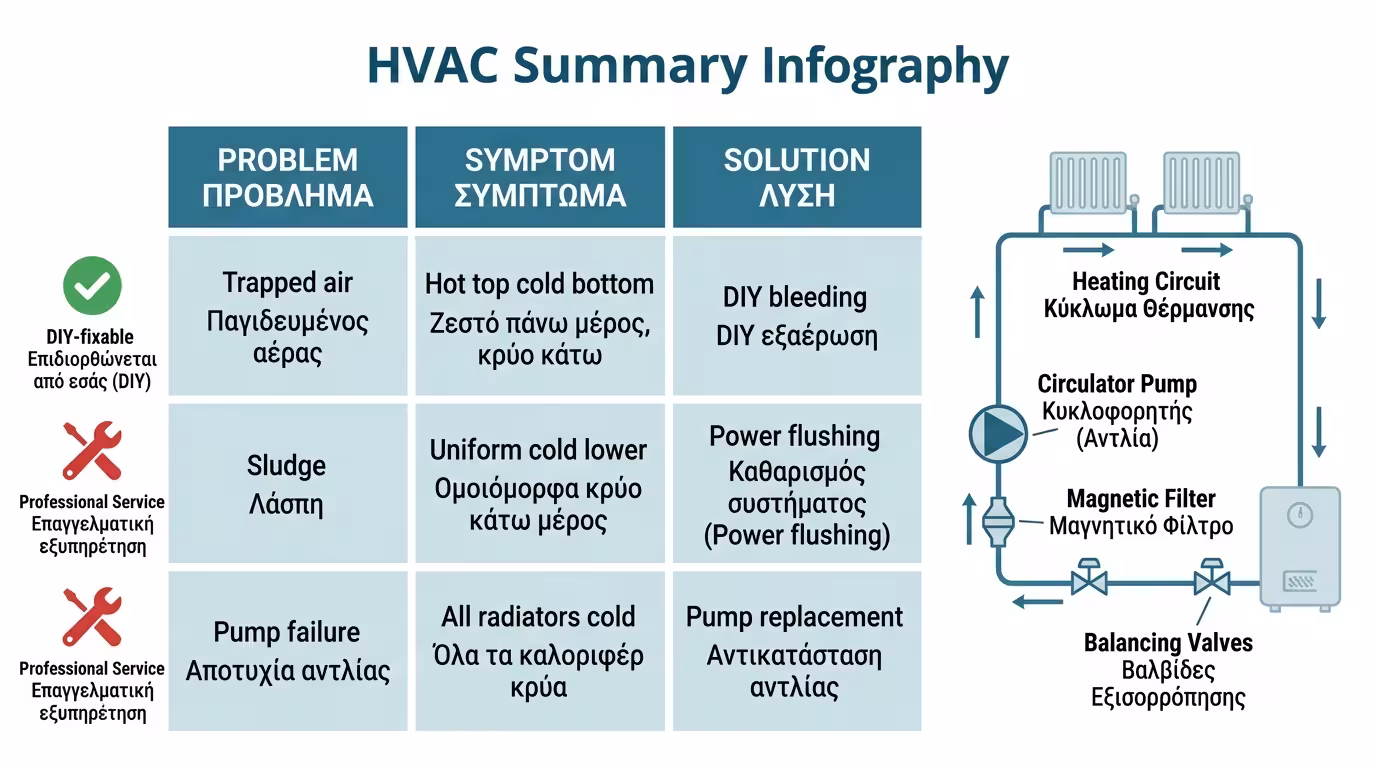 Σύνοψη διάγνωσης – εξισορρόπηση, κυκλοφορητής, φίλτρο