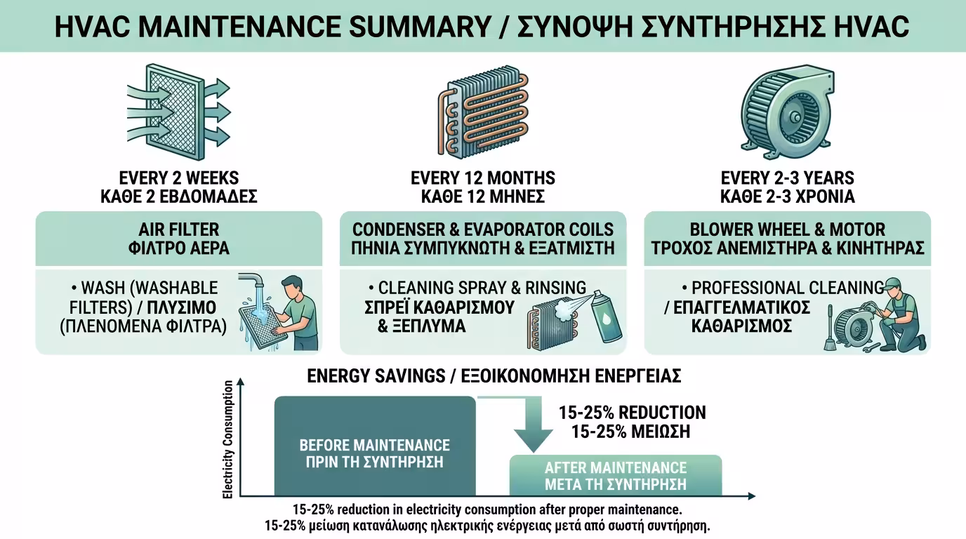 Σύνοψη καθαρισμού AC – φίλτρα, coil, φτερωτή, πρόγραμμα συντήρησης