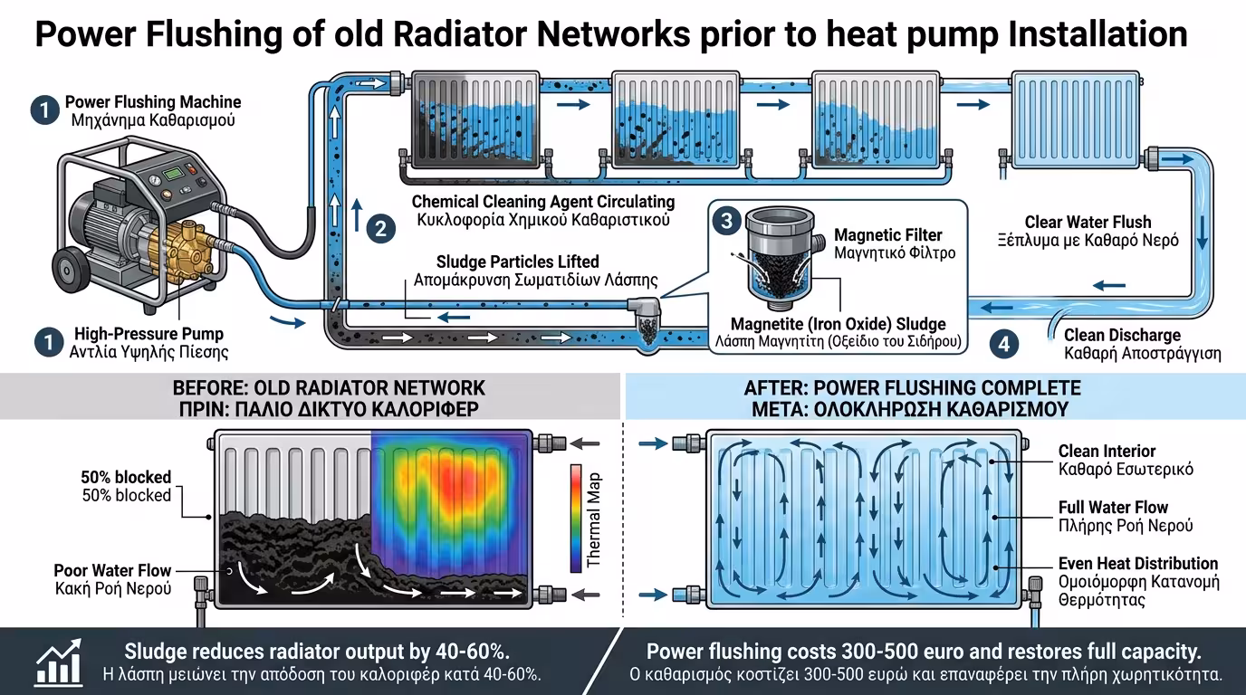 Σύνοψη – power flushing, μαύρη λάσπη, αντλία θερμότητας, καλοριφέρ, ανακαίνιση