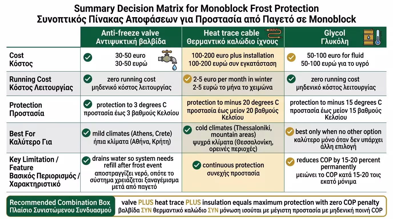 Σύνοψη τριών λύσεων – αντιψυκτική βαλβίδα, θερμικό καλώδιο, γλυκόλη – σύγκριση