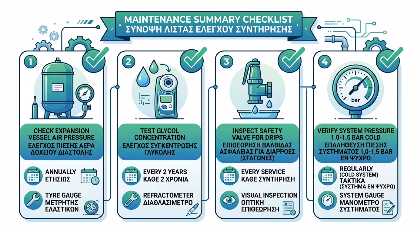Σύνοψη συντήρησης δοχείου διαστολής και γλυκόλης – ηλιακός, αντλία θερμότητας