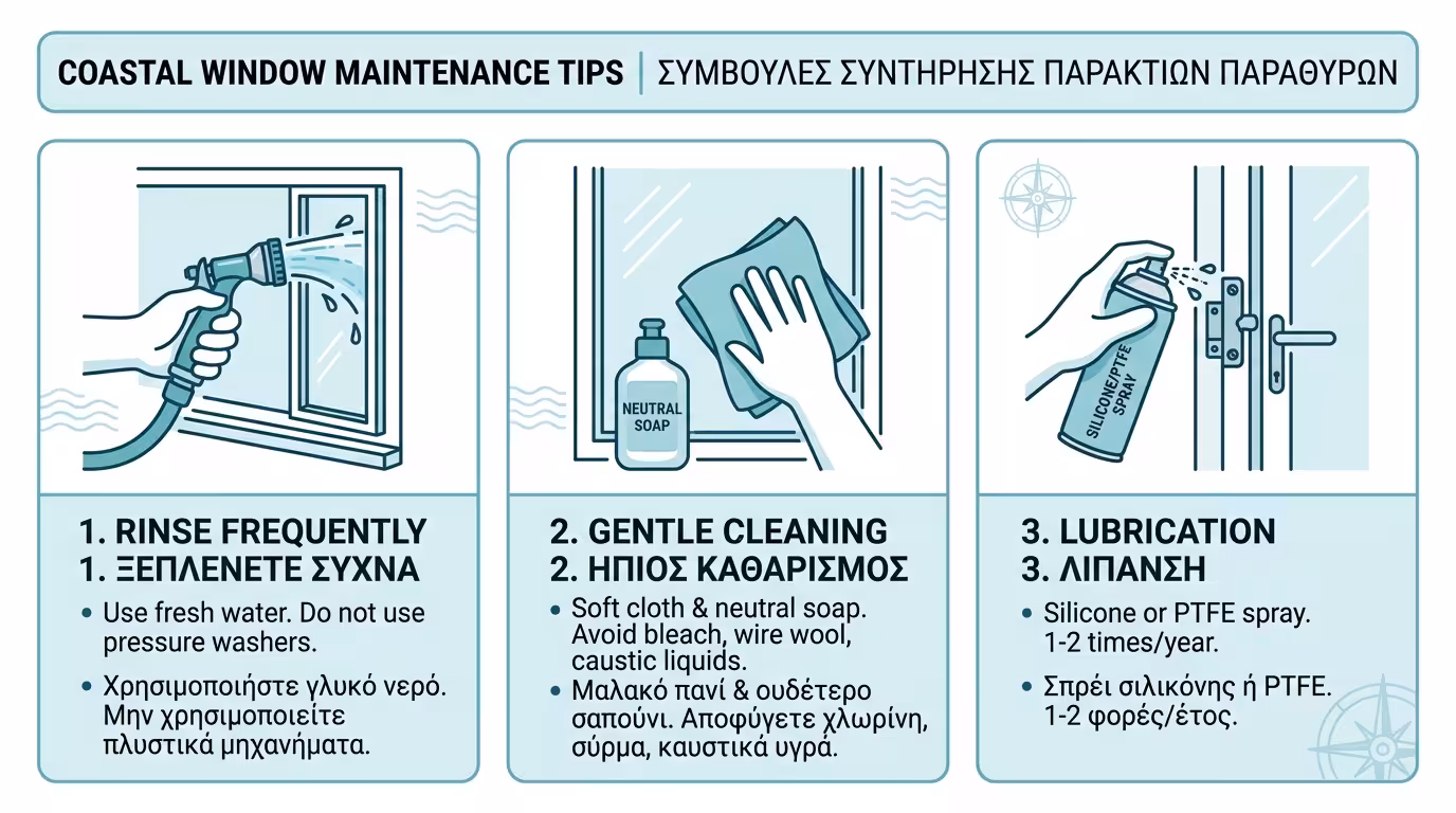Συντήρηση παραθαλάσσιων κουφωμάτων - ξέπλυμα, καθαριστικά, λίπανση