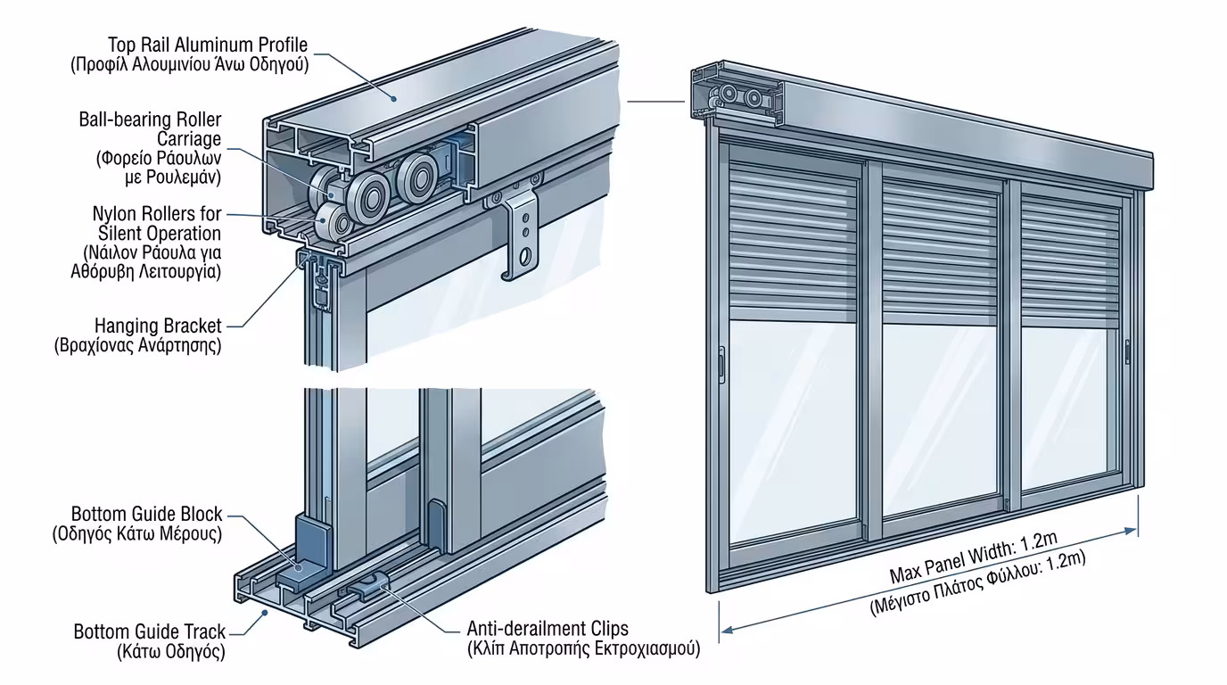 Συρόμενα παντζούρια αλουμινίου με ράγες σε σύγχρονο σπίτι - minimal αισθητική