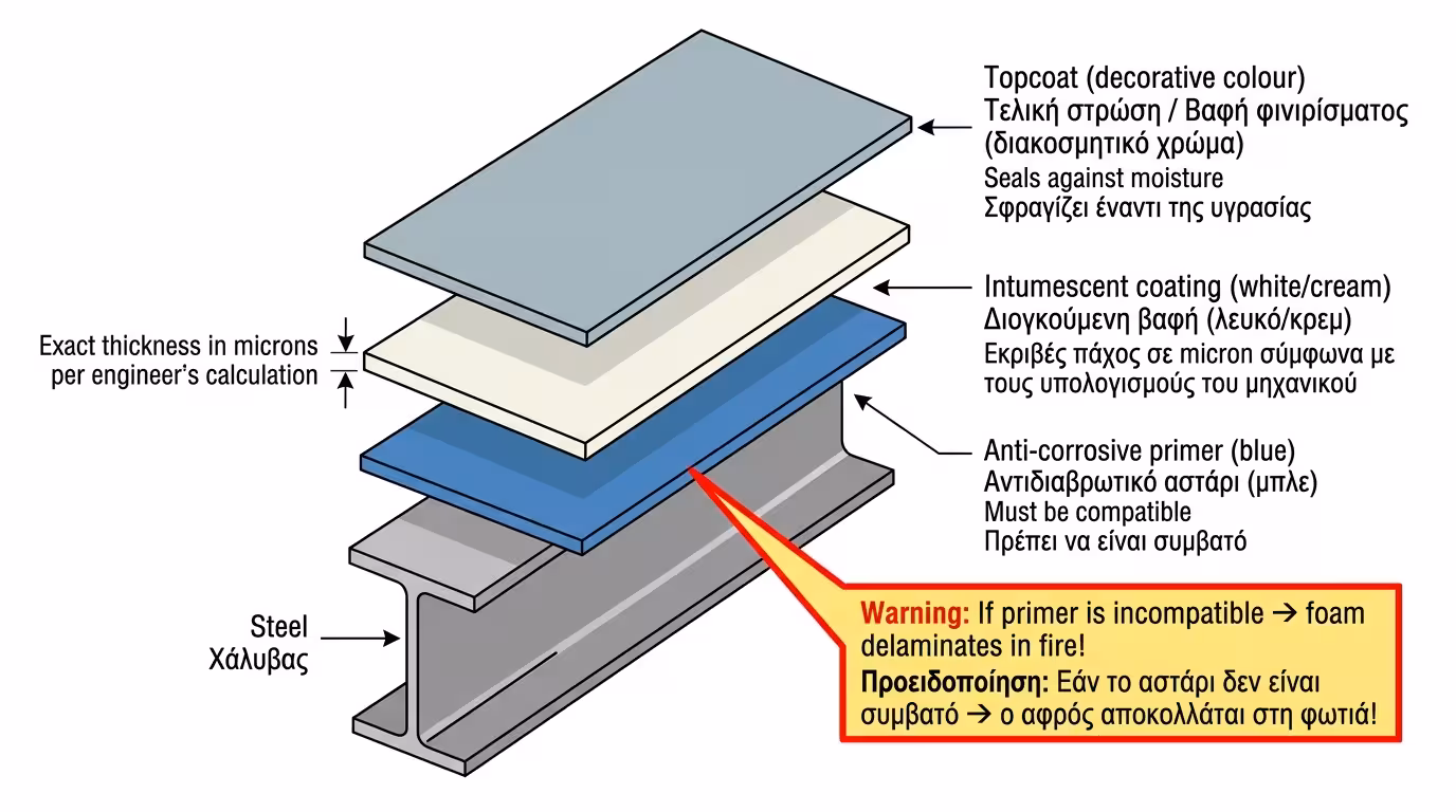Σύστημα 3 στρώσεων: αστάρι, διογκούμενο χρώμα, topcoat