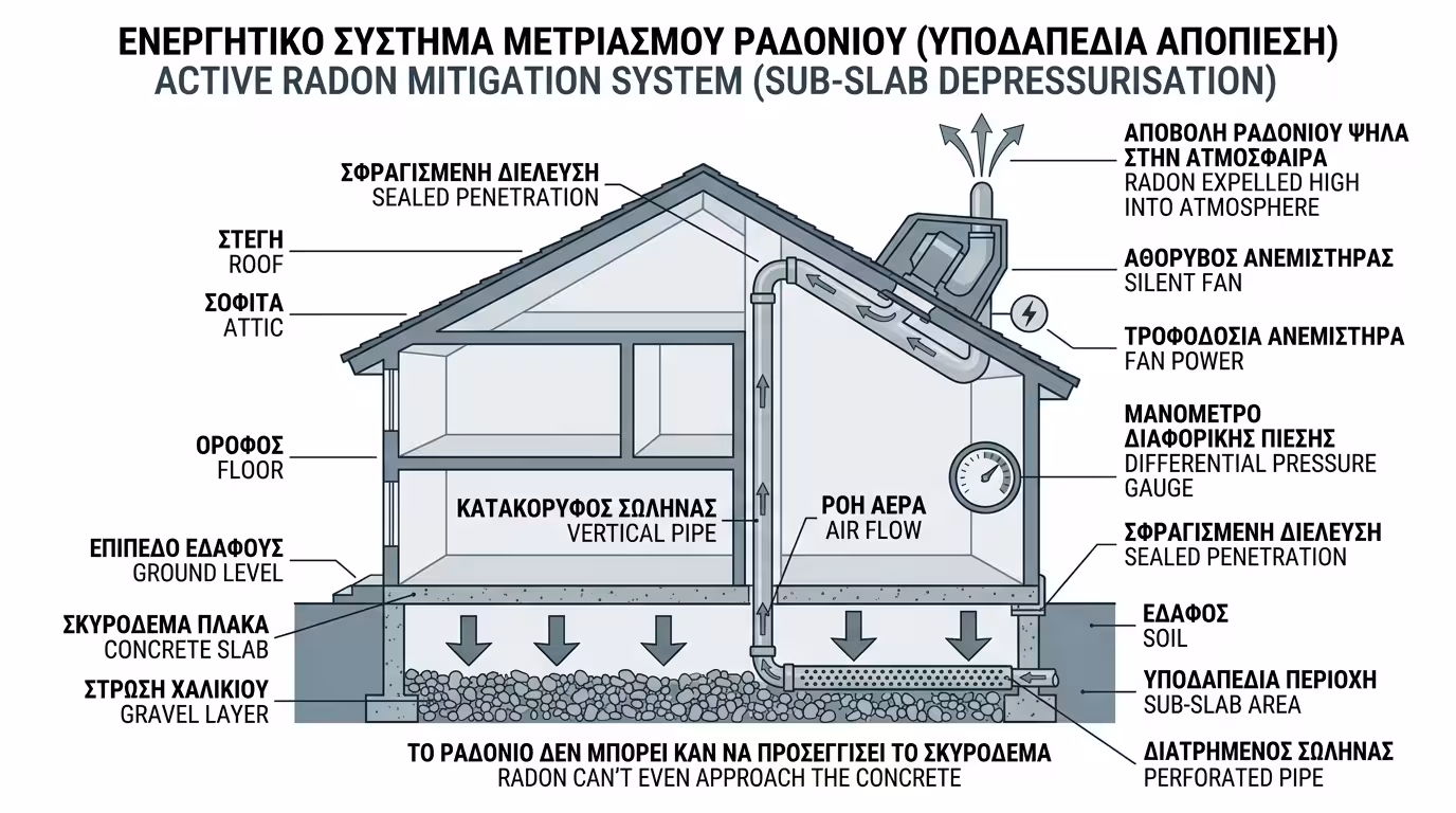 Διάτρητος σωλήνας κάτω από πλάκα + ανεμιστήρας στη σκεπή