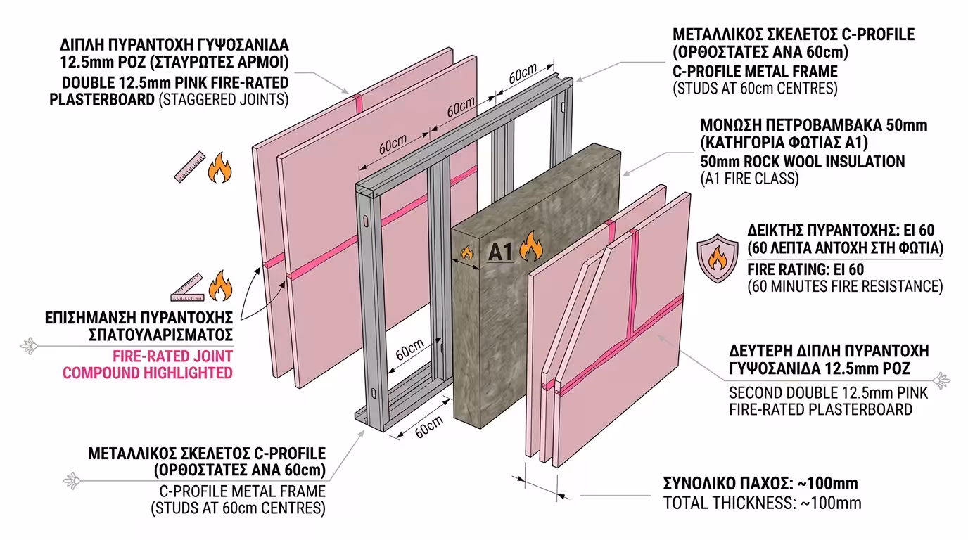 Σύστημα EI 90: μεταλλικός σκελετός, πετροβάμβακας 50 kg/m³, διπλή ροζ γυψοσανίδα, πυράντοχος αρμός