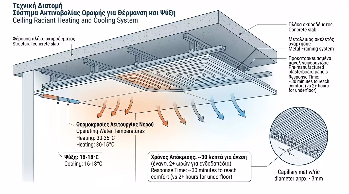 Σύστημα θέρμανσης-δροσισμού οροφής: γυψοσανίδες με ενσωματωμένους τριχοειδείς σωλήνες