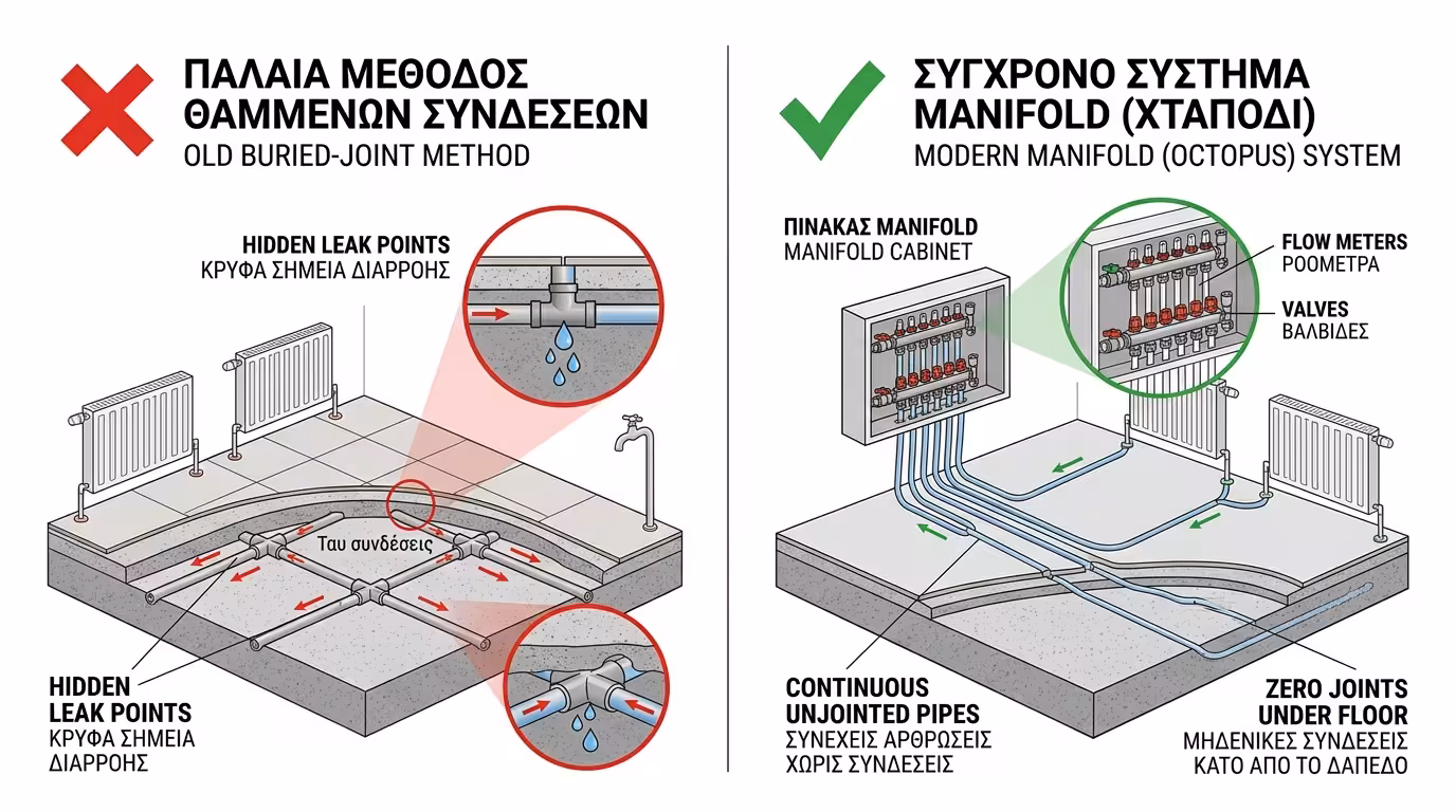 Σύστημα συλλέκτη χταπόδι - μονοκόμματοι σωλήνες χωρίς ενώσεις κάτω από δάπεδο