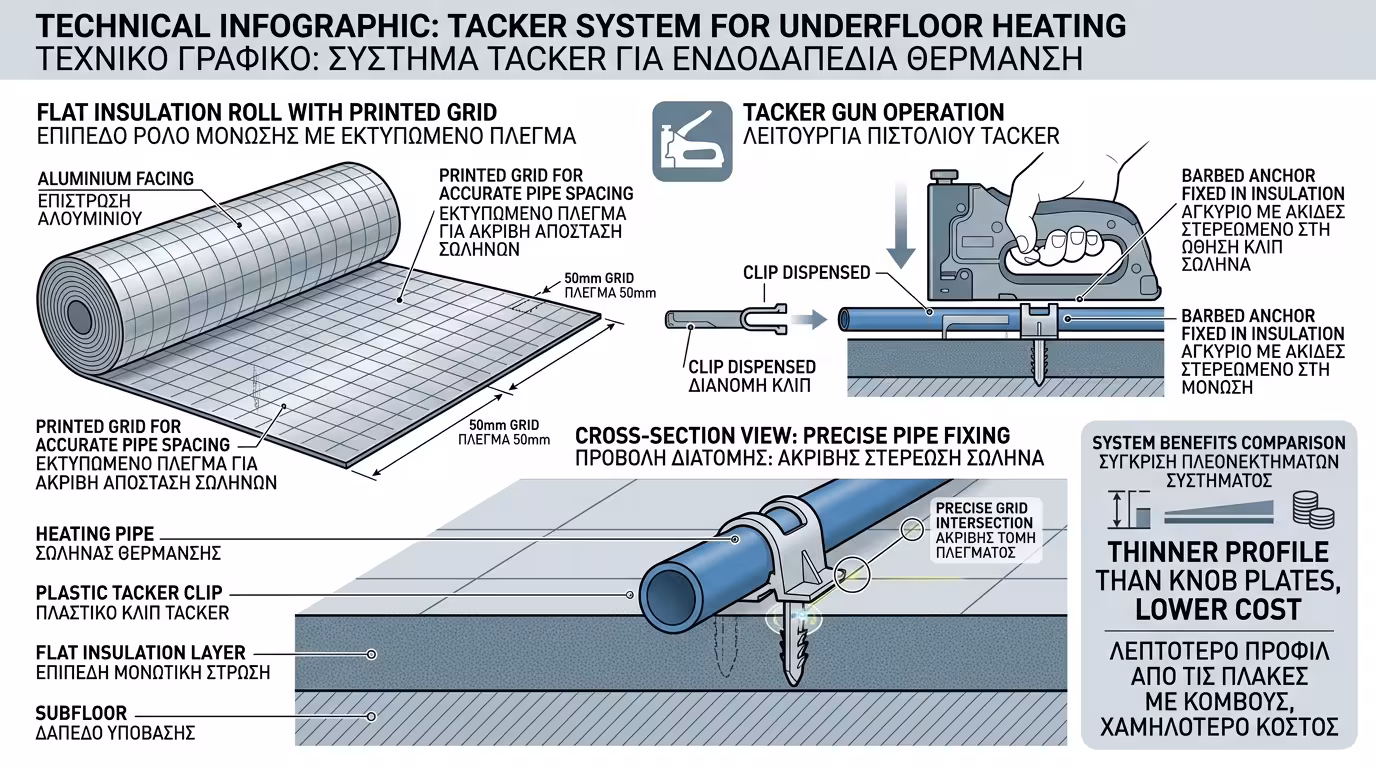 Σύστημα Tacker - επίπεδο ρολό μόνωσης με κάναβο και clips