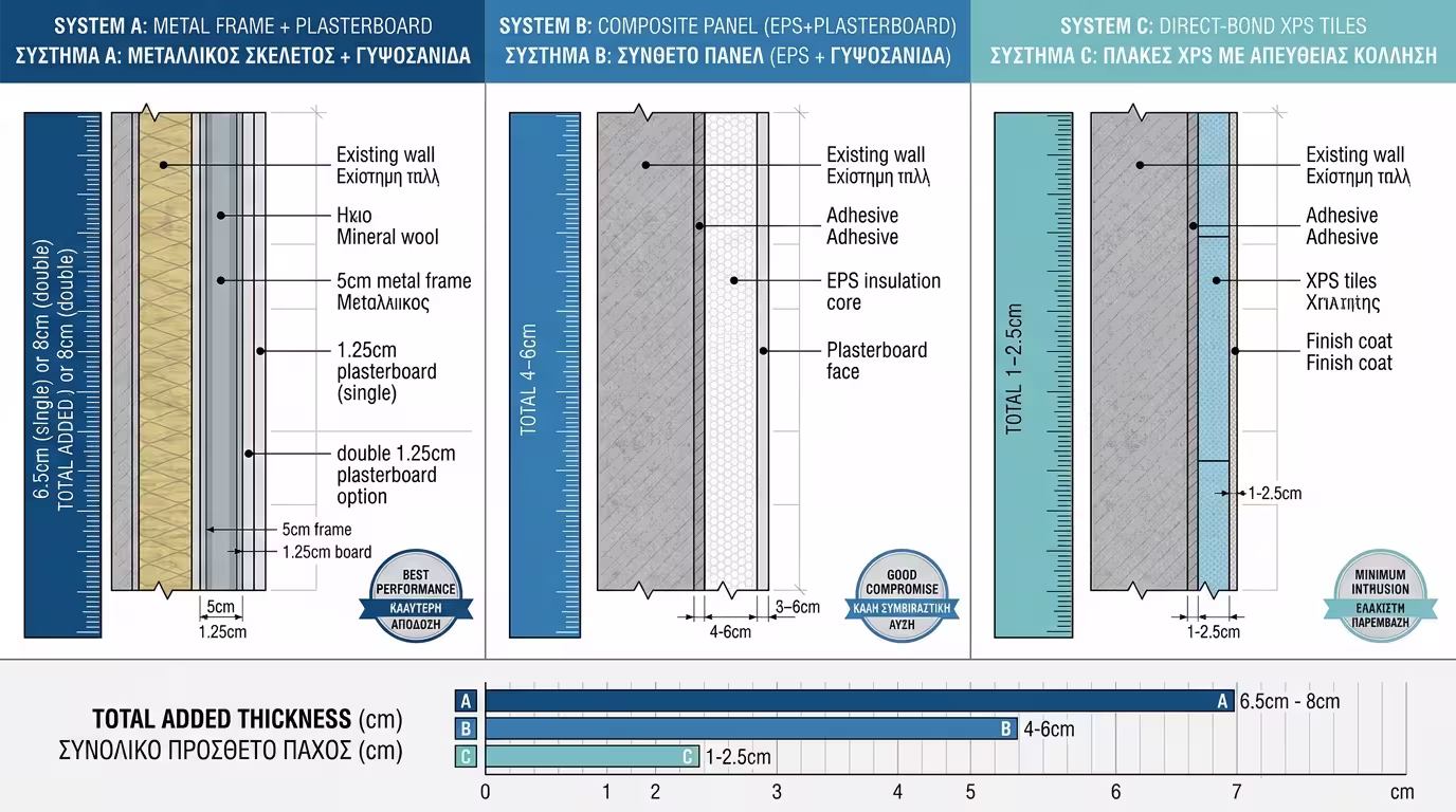 Σύγκριση πάχους τριών συστημάτων εσωτερικής μόνωσης